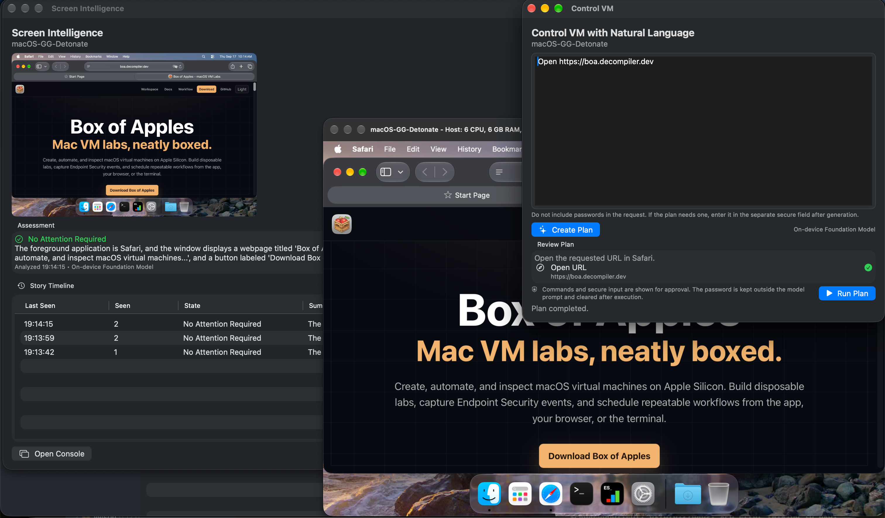 Screen Intelligence assessment and Story Timeline beside a Control VM plan that opens boa.decompiler.dev in the guest's Safari browser